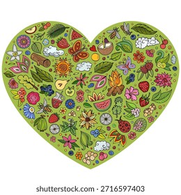 Colorido conjunto de Vector de Naturaleza de verano de dibujos animados doodle objetos, símbolos y artículos. Composición de la forma del corazón