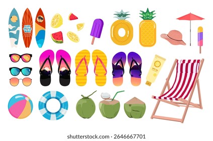 A colorful vector set of summer-themed beach items including flip flops, sunglasses, surfboards, tropical fruits, coconut drinks, beach chair, and umbrella. Perfect for vacation and travel designs