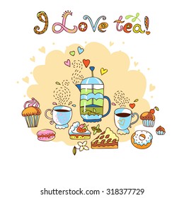 Colorful vector set with tea pot, tea cups, sweets and flowers. Tea theme design elements. 