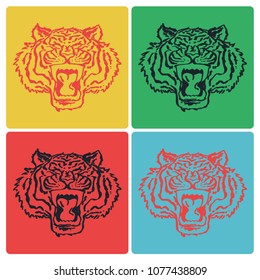 Colorful vector set of tiger head on different background colors, isolated print design
