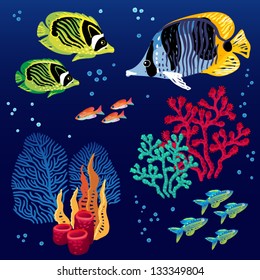 Colorful vector set of tropical fishes and corals