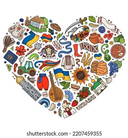 Colorful vector set of Ukraine cartoon doodle objects, symbols and items. Heart form composition