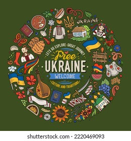 Colorful vector set of Ukraine cartoon doodle objects, symbols and items. Round frame composition