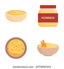 Colorful vector set of various hummus dips in bowls and a jar, isolated on white