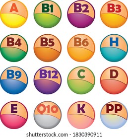 Colorful vector set of vitamin complex on glossy balls for science articles, infographics, medicine, health magazines