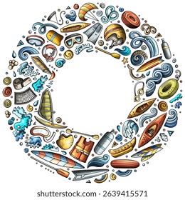 Colorful vector set of Water Sport cartoon doodle objects, symbols and items. Round frame composition