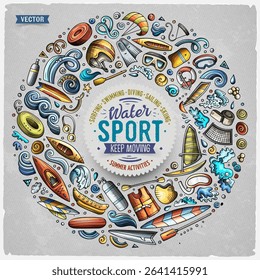 Colorful vector set of Water Sport cartoon doodle objects, symbols and items. Round frame composition. Not AI