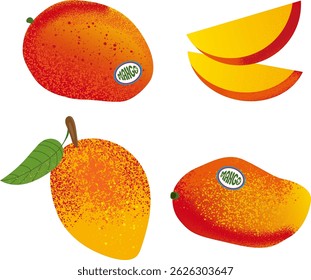 Farbenfrohe Vektorgrafik von ganzen Mangofrüchten und -scheiben mit lebendigen Farbverläufen und strukturierten Details. Perfekt für sommerliche Essensdesigns, tropische Themen, Verpackungen und gesunde Lifestyle-Visuals