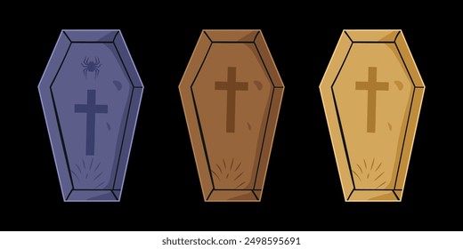 Colorful Vector Set of Wooden Coffin with Lid, Burial Box with Cross for Cemetery, Christian Funeral Concept