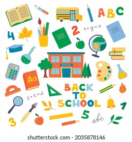 A colorful vector set of writing materials, school, bus, textbooks and notebooks for the beginning of the academic year at school and university. For creating patterns and printing on textiles, paper.