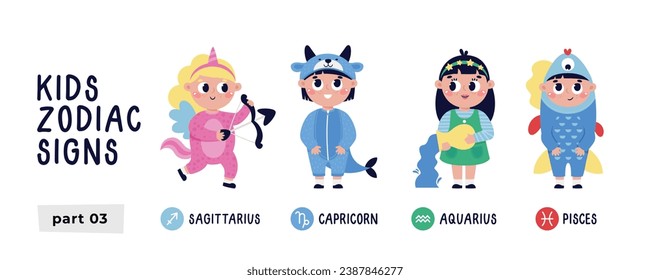 Conjunto de vector colorido con signos zodiacales. Parte 3. Símbolo vector de horoscopio astrológico para niños. Sagittarius, Aquarius, Capricornio, Pisces