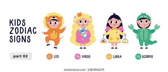 Conjunto de vector colorido con signos zodiacales. Parte 2. Símbolo vector de horoscopio astrológico para niños. Leo, Virgo, Libra, Scorpio