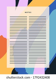 Colorful vector sheet to make notes. Abstract illustration on the background. Page for notes. Organizer, to do list, scheduler.