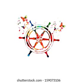 Colorful vector ship steering wheel background with butterflies.