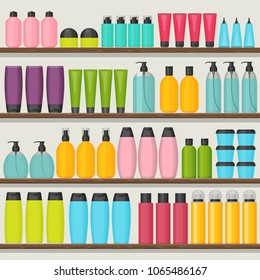 Colorful vector shop shelves with cosmetic bottles. Set for beauty and cleanser, skin and body care. Flat design