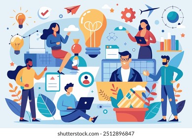 Un colorido Vector que muestra a un equipo creativo haciendo lluvia de ideas y desarrollando ideas innovadoras, ideales para negocios e industrias creativas.