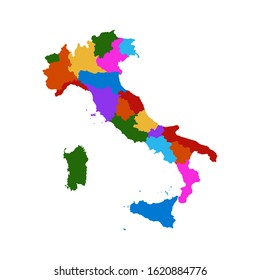 Colorful vector silhouette cartography map of Italian political borders and regional administrative borders.