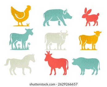 Colorful vector silhouettes of farm animals with textured grunge effect. Includes cow, pig, goat, sheep, chicken, rabbit, horse and bull. Rustic flat design in vintage country style. Isolated on white
