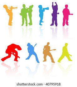 Colorful vector silhouettes set of boys kids performing music play with guitar, trumpet and other instruments