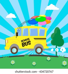 colorful vector simple flat illustration of a cartoon school bus with colored  balloons