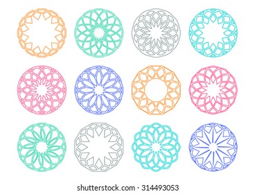 Colorful vector simple round geometric ornaments set isolated