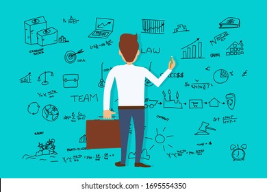 Colorful vector of smart businessman drawing icons of strategy for new startup and business plan on blue background