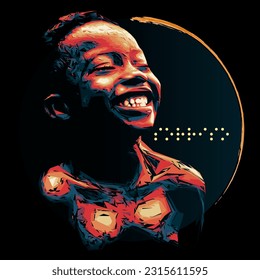 Colorful vector of a smiling child. Braille typography with the word "smile" in Portuguese