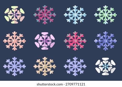 Copo de nieve de Vector colorido en varias Formas y tonos pastel, perfecto para diseños invernales, decoraciones navideñas, temas de Año Nuevo y proyectos gráficos de temporada.