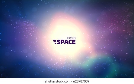 Farbige Vektorillustration auf dem Hintergrund. Glühende Nebel und Sonne. Abstrakter Universum-Banner