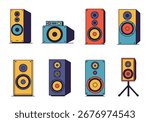 Colorful Vector Speaker Icons Collection: Modern Audio Equipment Illustrations for Music and Sound Design.