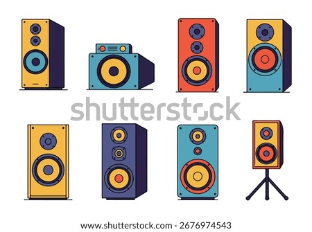 Colorful Vector Speaker Icons Collection: Modern Audio Equipment Illustrations for Music and Sound Design.