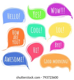 Colorful vector speech or thought bubbles with deckle ragged edges set. Message clouds with Hello, Hi, Wow, Awesome, Bye title. Color communication symbols for message advertisement, web design