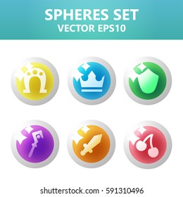 Colorful vector spheres set with symbols inside. Ready assets set for game design and web application.