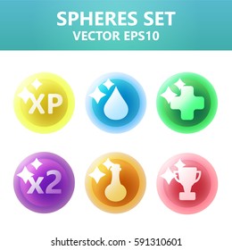 Colorful vector spheres set with symbols inside. Ready assets set for game design and web application.