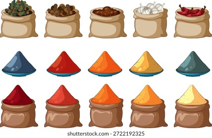 Especiarias vetoriais coloridas em sacos e montes, estilo plano, isoladas sobre fundo branco
