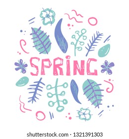 Colorful vector spring illustration on white background for concept design and decoration, in hand drawn style.
