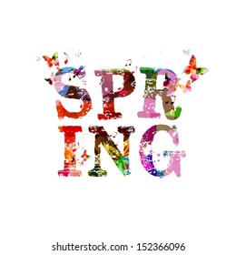 Colorful Vector Spring Word With Butterflies Background.