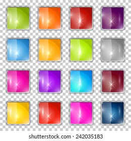 Colorful Vector Square Glass Buttons Set on Transparent Background