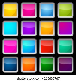 Colorful Vector Square Glass Buttons Set on Black Background