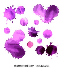 colorful vector stains set. blots, paint splashes, lilac background