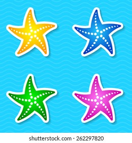 Colorful vector starfish labels isolated on blue background