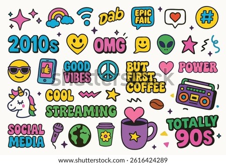 A colorful 2010s‑themed vector sticker mash‑up with streaming slogans, unicorns, social media icons, hashtags, OMG, epic fail, and a retro boombox.
