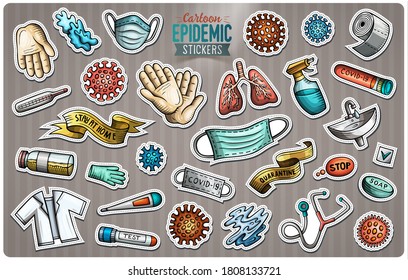 Colorful vector stickers. Hand drawn doodle cartoon set of Epidemic theme items, objects and symbols