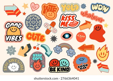 Colorful vector stickers with positive messages, emojis, and playful designs like 'YOLO', 'Good Vibes', and 'Be Kind'.