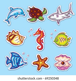 Colorful Vector Stickers Set of Sea Fauna