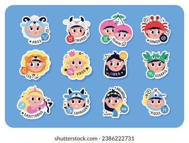 Colorful vector stickers with zodiac signs. Astrological horoscope vector symbol for kids. Aquarius, Taurus, Aries, Gemini, Cancer, Leo, Virgo, Libra, Scorpio, Sagittarius, Capricorn, Pisces