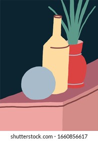 Colorful vector still life with plant in red vase, light yellow bottle and blue ball on dark background. For cards, posters.