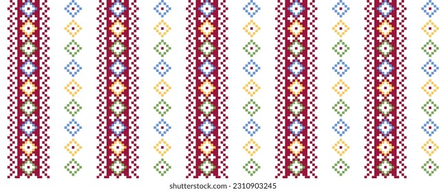 Colorful vector striped print, pattern,ornament for textile fabric or cloth. Carpathian Lemky colorful striped print. Pixel art, vyshyvanka, cross stitch. Ukrainian folk, ethnic modern design.