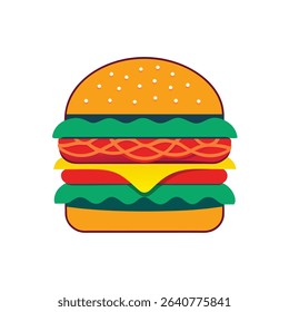 Colorful Vector Style Double Cheeseburger Illustration Orange Bun Green Lettuce Red Patty
