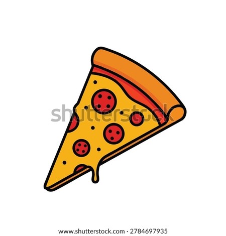 A colorful vector style graphic of a triangle slice of pizza with melting cheese and pepperoni toppings on a clean white background